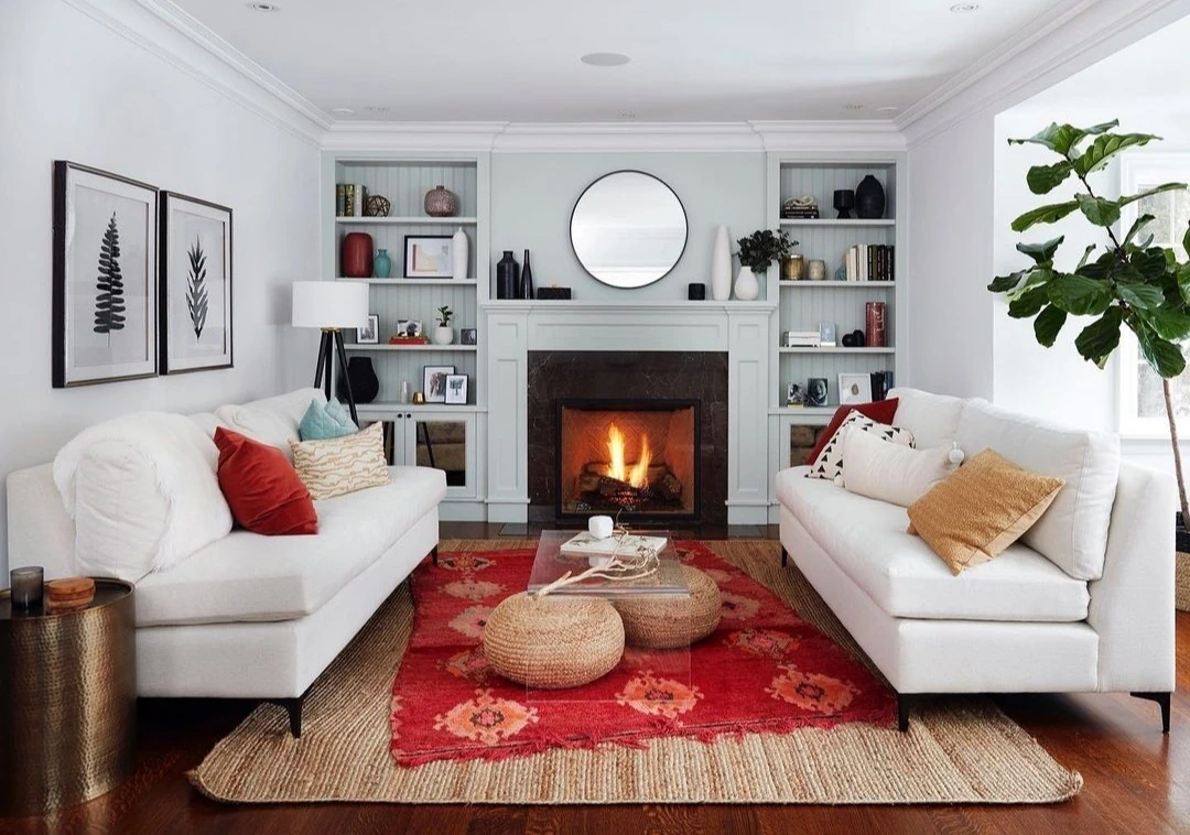 Luxury living room with fireplace and built-in shelving